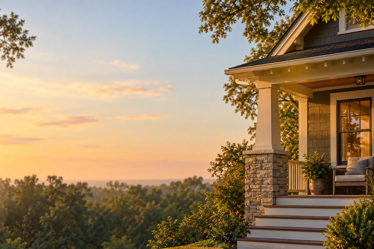 The front porch of a craftsman house in the evening light
